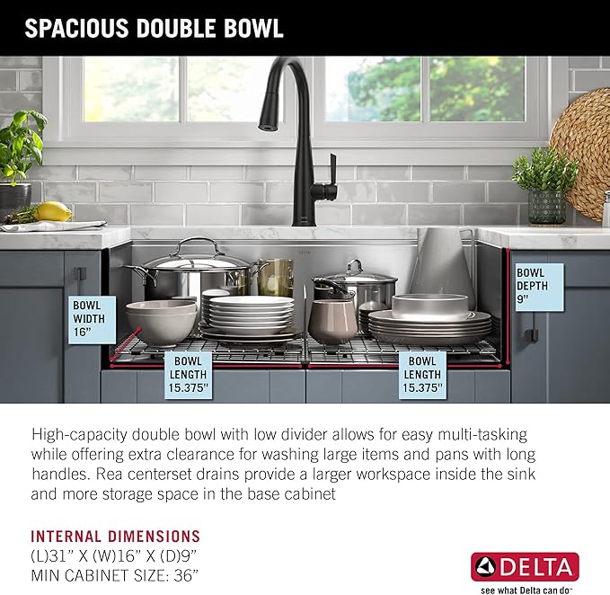 DELTA FAUCET Rivet 33-Inch Workstation Kitchen Sink Undermount 16 Gauge Stainless Steel 50/50 Double Bowl with WorkFlow Ledge and Chef’s Kit of 9 Accessories, 95B931-33D-SS