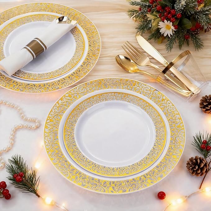 WELLIFE 210Pcs Gold Plastic Dinnerware - Disposable Silverware and Cups, Include:30 Dinner Plates, 30 Dessert Plates, 30 Paper Napkins, 30 Cups, 30 Gold Plastic Cutlery Set for Party and Christmas