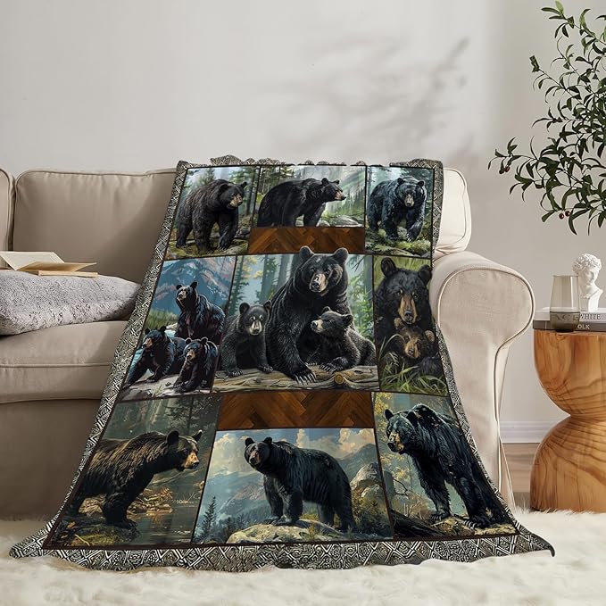 Black Bear Blanket Wild Animal Throw Blanket Cozy Plush Fleece Flannel Bear Blankets Lightweight Fuzzy Party Gifts for Girls Boys Women Men 50"X40"