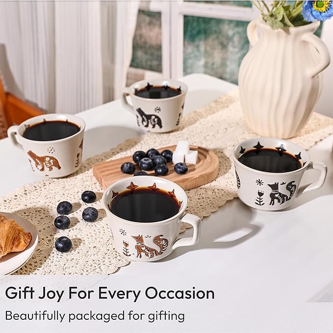 Ceramic Coffee Mug, 12 oz Novelty Unique Teacup with Handle, Stoneware Cup for Tea Mocha Latte Cappuccino Espresso (Set of 2, Fox and Bear)
