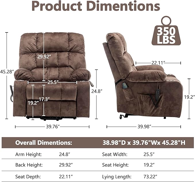 Dual Motor Power Lift Recliner Chair for Big and Tall Elderly Adults Electric Lay Flat Recliner, Stand Up Lift Chairs Recliners with Massage Heat, Cup Holders, Side Pockets, Lumbar Pillow