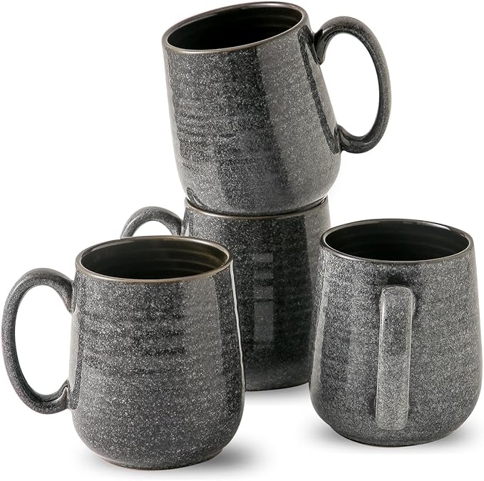 HASENSE Ceramic Coffee Mugs - 15 OZ Large Coffee Cups Set of 4 with Handle for Hot Beverage, Porcelain Latte Mugs for Tea, Milk, Cocoa, Cappuccino and Mocha, Microwave and Dishwasher Safe, Grey