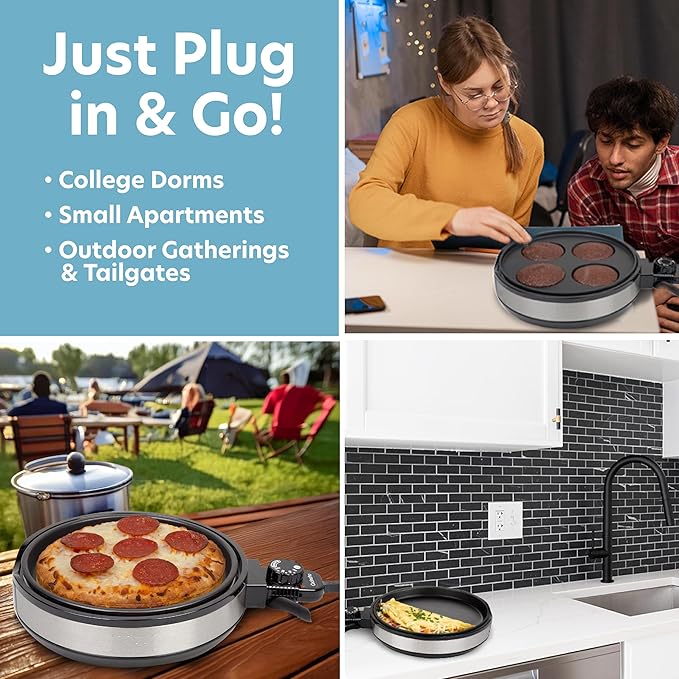 Multi Baker Deluxe- Holiday Baking Made Easy- Electric Appliance w Temp Control 3 Interchangeable Skillets for Grilling, Baking, Dessert Making- Grilled Cheese Omelets Pizza Sandwiches Cake Pops, Gift