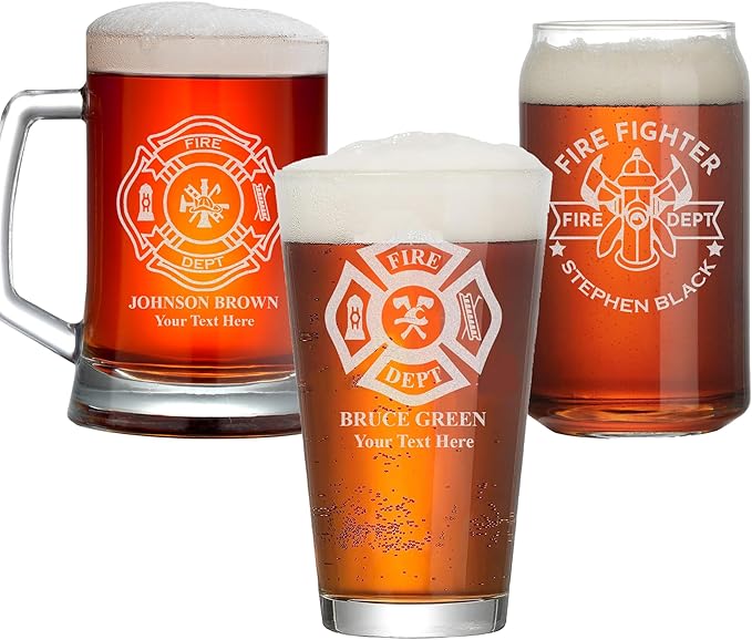 Personalized Firefighter Beer Mug, Custom Name and Text, Etched Fire Dept Beer Glass, 17oz Engraved Glassware, Fireman Gift, Home Bar, Firefighter Gifts for Men, Dad