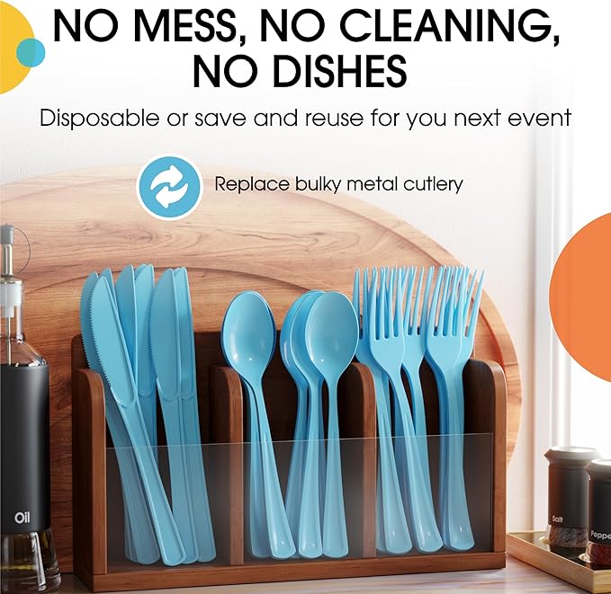 Party Solids Light Blue Plastic Silverware Heavy Duty 150 Pieces Light Blue Disposable Silverware Heavy Duty, Utensil Sets, 50 Of Each Forks, Knives & Spoons Disposable Cutlery Set For Party Supplies