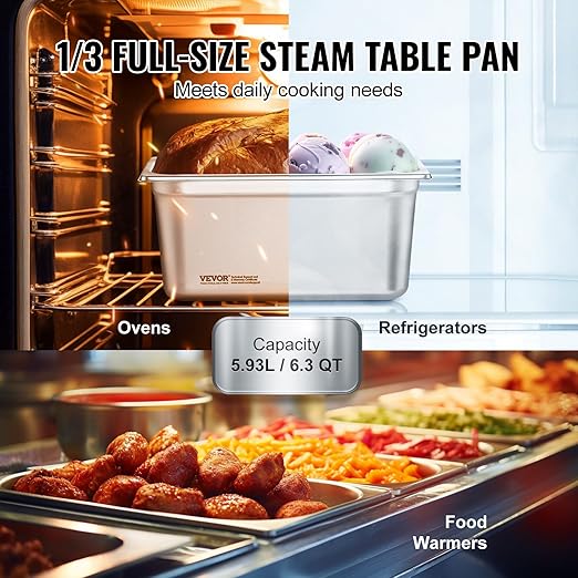 VEVOR 8 Pack Hotel Pans with Lids, 1/3 Size Anti-Jam Steam Pan, 0.8mm Thick Stainless Steel Steam Table Pan, 6-Inch Deep Commercial Table Pan, Catering Storage Food Pan, for Industrial & Scientific
