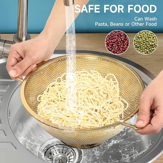 2PCS Gold Strainer for Kitche, 3QT and 5QT, Stainless Steel Colander with Handle for Fruits Vegetables Cooking Food, Dishwasher Safe