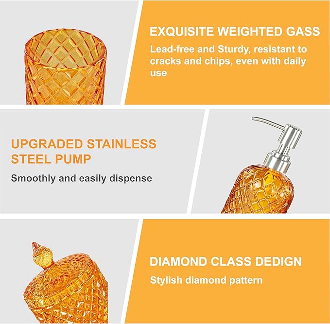 Orange Bathroom Accessorires Set, 4Pcs Clear Glass Bathroom Accessories, Burnt Orange Lotion Soap Dispenser, Toothbrush Holder Set, Soap Dish, Qtips Holder for Modern Vibrant Bathroom Decor