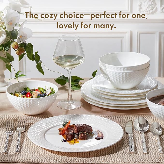 KINGSTONE Bone China Dinnerware Set, 24-Piece White Lightweight Porcelain for 8, Plates and Bowls with Rhombus patterned edge design, Microwave and Dishwasher Safe, for Family, Restaurant, Gifting