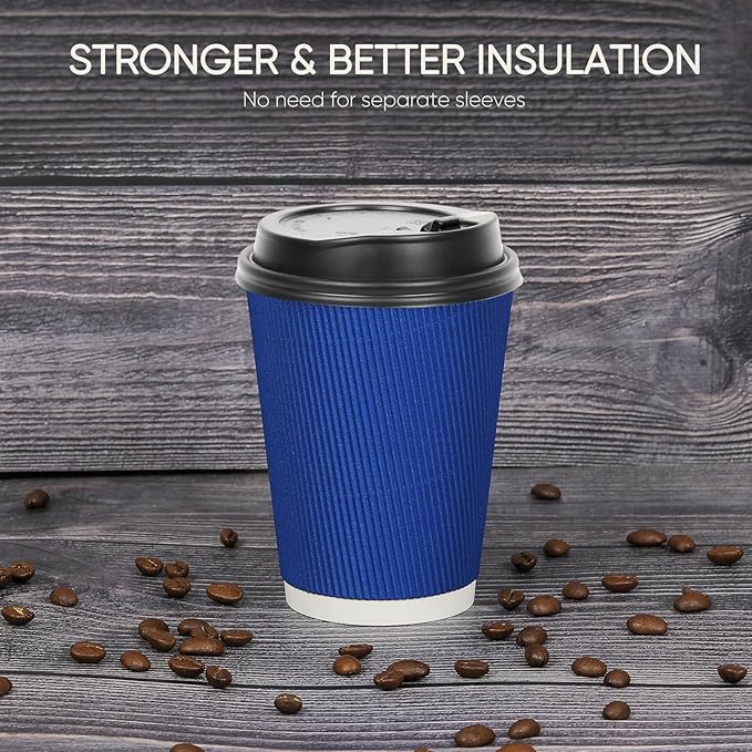 Disposable Blue Coffee Cups 12 oz 20 Pack, Paper Coffee Cups 12 oz for Hot Drinks or Cold Beverages, Insulated Corrugated Ripple Wall Cup for Office, Cafe, Home or Travel