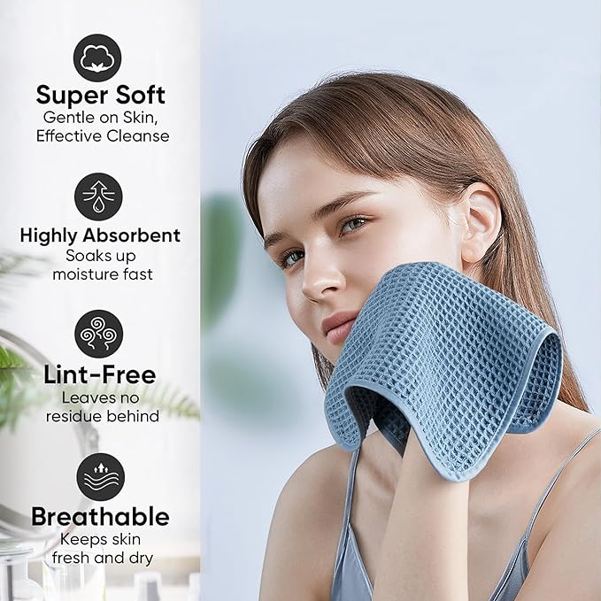 Microfiber Waffle Face Towels, 4 Pieces, Soft, Absorbent, Fast Drying, Lint Free (Blue)