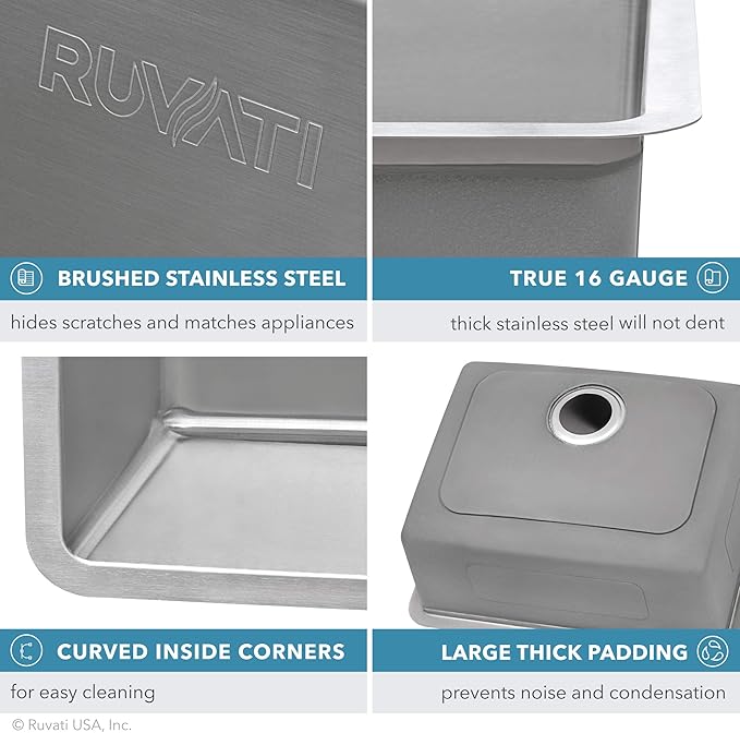 Ruvati 20-inch Undermount Bar Prep Kitchen Sink - 16 Gauge Stainless Steel Kitchen Sink Single Bowl with Brushed Finish hides scratches, Easy-to-Clean Undermount Sinks - RVM5020