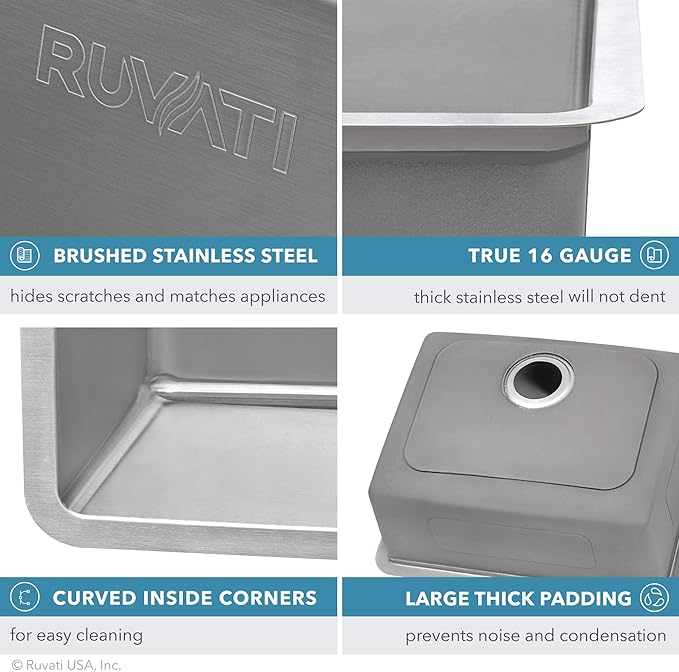 Ruvati 18-inch Undermount Bar Prep Kitchen Sink - 16 Gauge Stainless Steel Kitchen Sinks Single Bowl with Brushed Finish hides scratches, Easy-to-Clean Undermount Sink - RVM5916