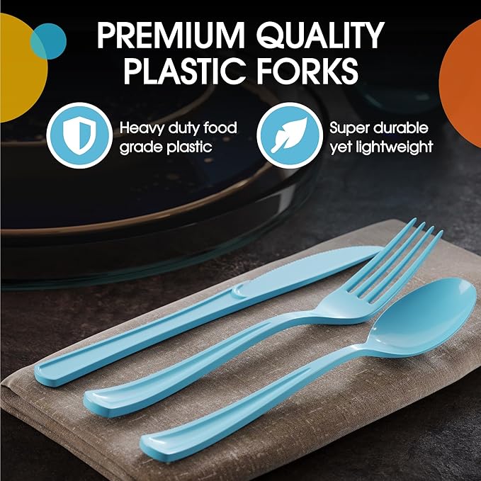 Party Solids Light Blue Plastic Silverware Heavy Duty 150 Pieces Light Blue Disposable Silverware Heavy Duty, Utensil Sets, 50 Of Each Forks, Knives & Spoons Disposable Cutlery Set For Party Supplies