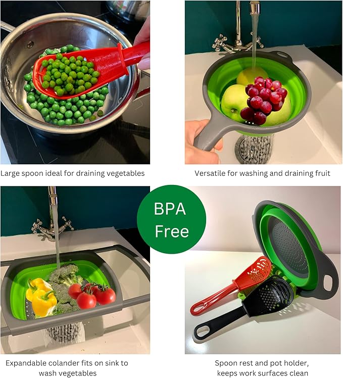 BaraBara 10 pcs Silicone Telescopic Collapsible Strainers with Handles, Foldable Bowl, Clip on Drainer. Green Spoon Rest, 3 ladle Masher Spoons. Silicone Gloves Heat Resistant Bundle Cooking Set.