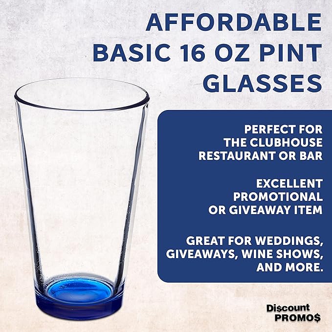 DISCOUNT PROMOS Beer Pint Glasses 16 oz. Set of 10, Bulk Pack - Heavy Duty Glassware for Restaurant, Thick Base and Walls, Stackable - Blue