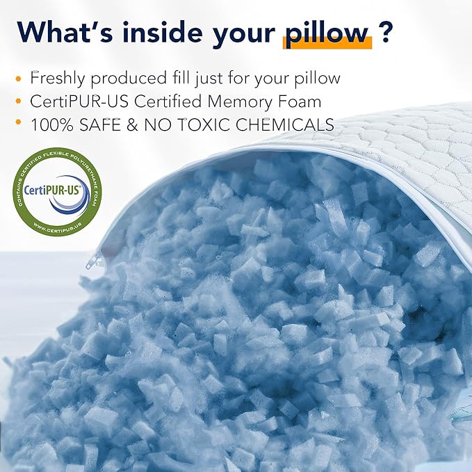 Cooling Pillow for Sleeping Shredded Memory Foam CertiPUR-US Certified, Stocking Stuffers Gifts, Adjustable Soft and Supportive Bed Pillow for Side, Back, Stomach Sleepers, Cool Pillow for Hot Sleeper