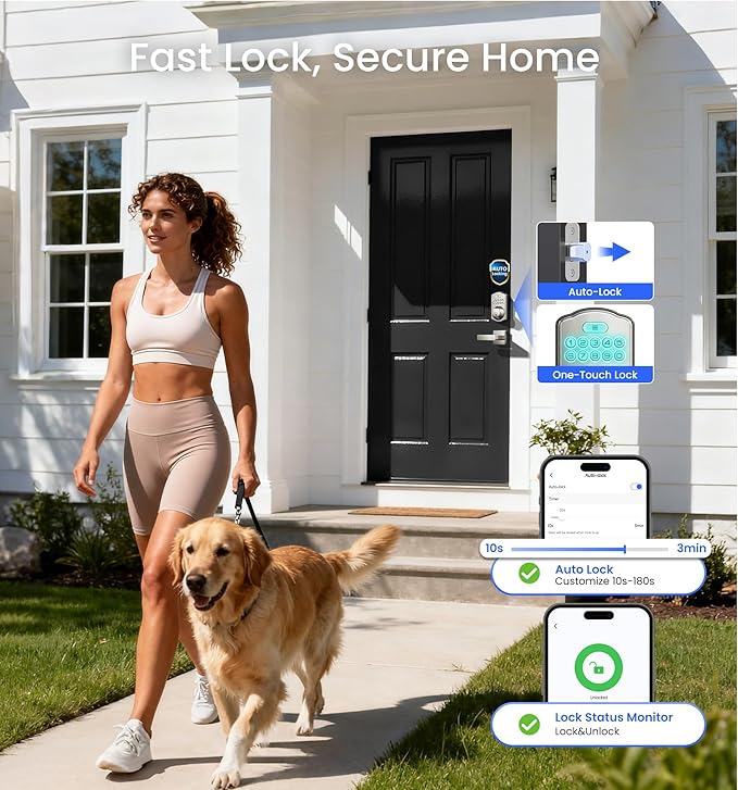 Veise VE012W-L Built-in WiFi Fingerprint Smart Lock with Lever Handle Set, App Remote Control, Keyless Entry for Front Door, Deadbolt Digital Backlit Keypad, Voice Assistant, Auto Lock, Satin Nickel