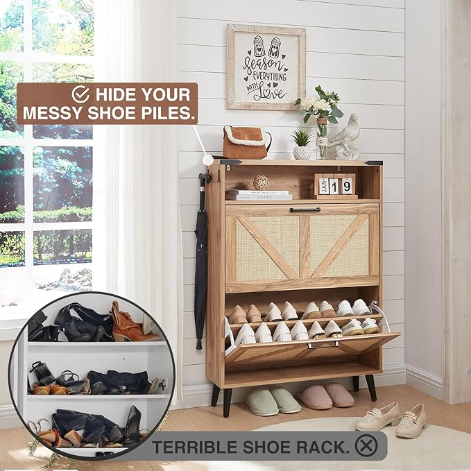 Shoe Storage Cabinet, Boho Rattan Shoe Organizer with 2 Flip Drawers,Farmhouse Freestanding Hidden Slim Narrow Shoe Rack Cabinet with Open Shelves for Entryway, Foyer,Hallway, Natural