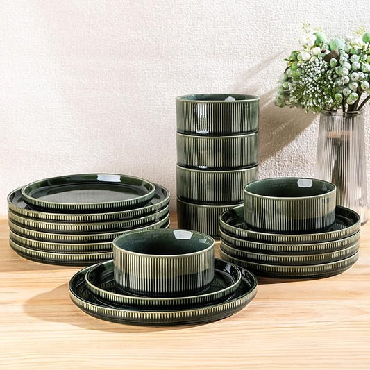 GBHOME Stoneware Dinnerware Sets for 4,Round Reactive Glaze Ceramic Plates and Bowls Set,Highly Scratch Resistant | Dishwasher & Microwave Safe Dishes Set,Service for 4(12Pcs),Earth Green