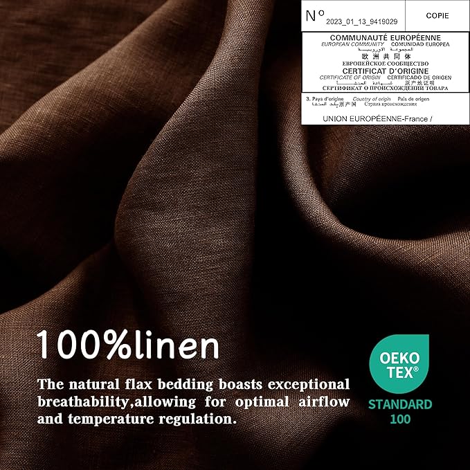 EVERLY 100% Pure Linen Duvet Cover Set King Size 104X90Inch 3pcs (1 Duvet Cover,2 Pillowcases) Soft and Breathable for All Season with Coconut Button Closure, Suitable for Hot Sleepers-Chocolate