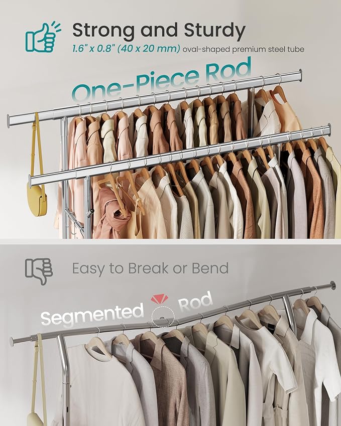 SONGMICS Clothes Rack, Heavy-Duty Rolling Clothing Garment Rack with Wheels, Extendable Double Hanging Rods and Adjustable Height, Portable, with Shelf and Hooks, Silver UHSR015E01