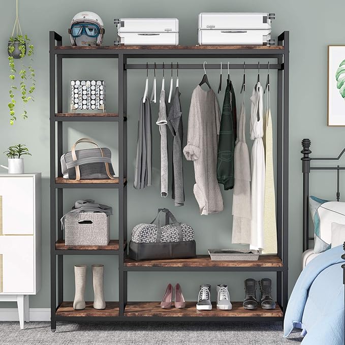 Tribesigns Free-standing Closet Organizer with 6 Storage Shelves and Hanging Bar, Large Standing Clothes Garment Rack（Vintage）