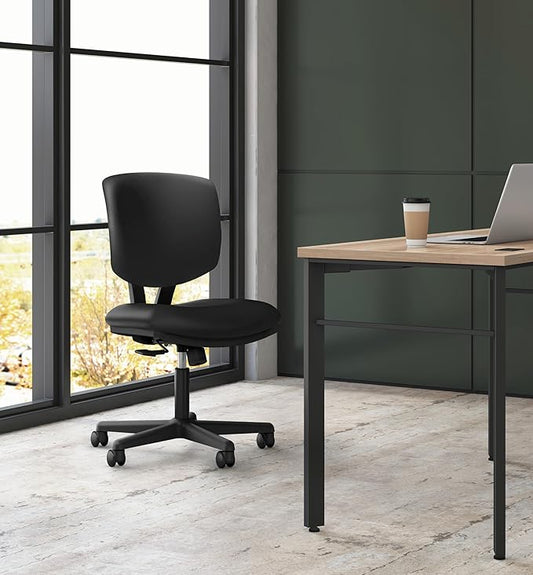 HON Volt Armless Office Desk Chair Comfy, Ergonomic Recline, Softhread Leather Back Seat, Swivel Desk Chair, Black