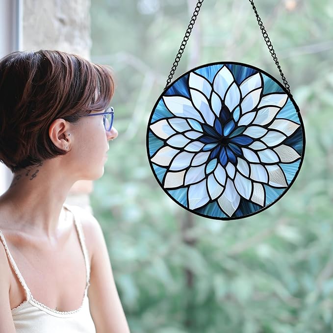 Stained Glass Suncatcher, Blue White Multi-Petal Flowers Sun Catcher Landscape Stain Glass Window Hanging Decoration Mother's Day Birthday Gifts for Women Men Mom Nana 11.8 in