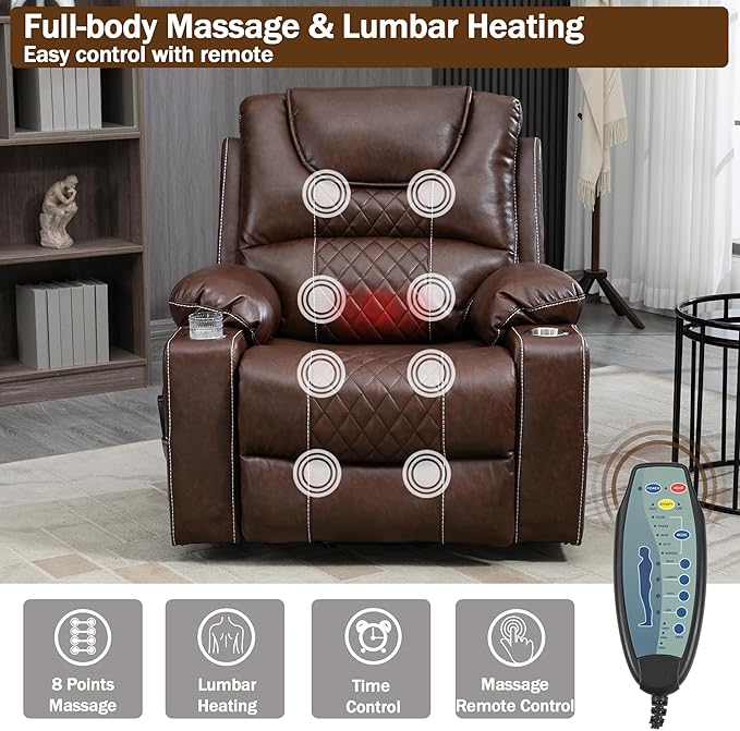 Power Lift Recliner Chair for Elderly with Massage and Heating, Ergonomic Electric Recliner Chair Single Sofa for Adults with Remote Control USB Port, Cup Holders, Side Pockets