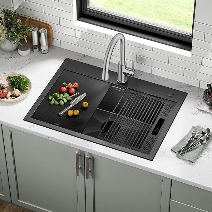DELTA FAUCET Delta Rivet 30 Inch Black Stainless Steel Drop-In Top Mount 16 Gauge Workstation Kitchen Sink Single Bowl in PVD Gunmetal Finish with WorkFlow Ledge and Accessories, 95A9031-T30S-GS