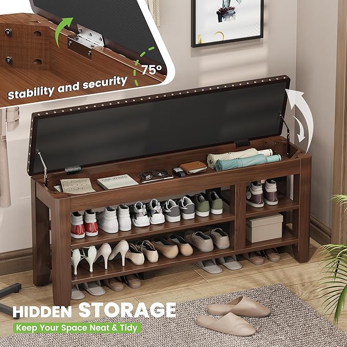 Shoe Bench for Entryway, Solid Rubberwood Shoe Bench with Hidden Storage, Adjustable 2-Tier Shelves & Soft PU Leather Seat, Shoe Rack Durable Easy Assembly for Hallway or Bedroom - Brown, 47.28"