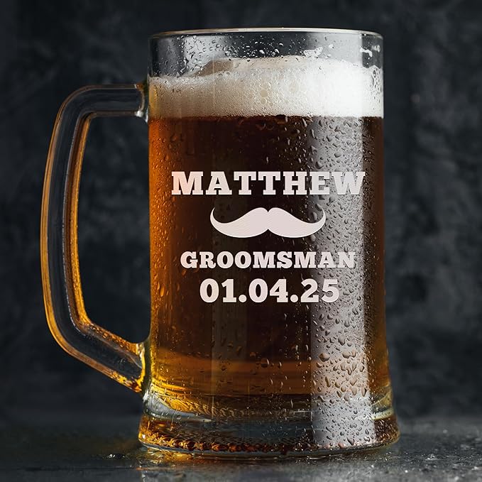 Groomsmen Gifts - Personalized Beer Mugs - Groomsmen Proposal Gift Idea - Customized Gift for Groom, Best Man, Groomsman - Custom Engraved Beer Mugs for Grooms Men - Groomsmen Beer Glasses (Design B)