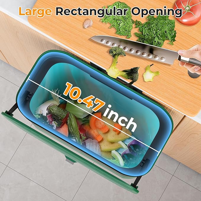 1.9 Gallon Hanging Trash Can - Small Under Sink Trash Can with Lid, Wall Mounted Compost Bin for Kitchen Cupboard Countertop, Odor-Control, Extended Clamping Ring, PET Material, Green