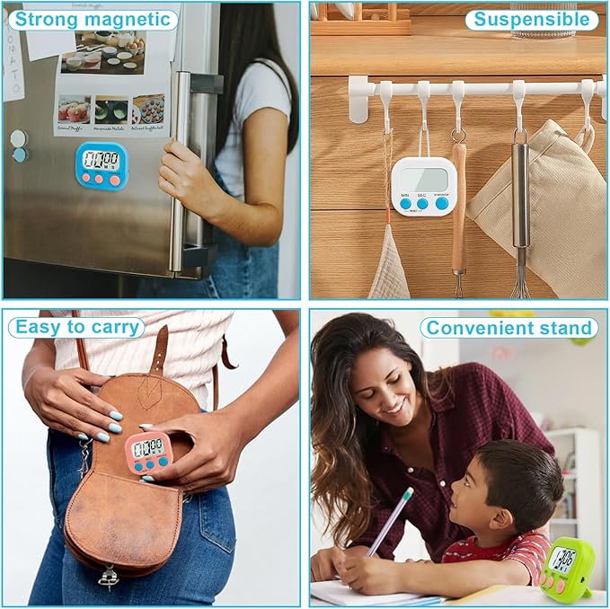 6 Pack Digital Kitchen Timer Multi-Function Magnetic Timers Classroom Timer for Kids Loud Alarm Big LCD Display Electronic Count Up Countdown Timers for Cooking, Classroom, Exercise, Study, Meeting
