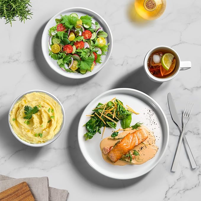 Zulay Kitchen Terra Stoneware 32-Piece Dinnerware Set, Artisanal Ceramic Plates and Bowls Set Crafted at 2300℉ - Service for 8, Frost White