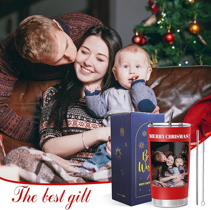 Personalized Coffee Tumbler with Pictures Text Logo Name, 20oz Stainless Steel Tumbler with Lid and Straw, Coffee Travel Cups, Personalized Christmas Birthday Gifts for Women Men Office