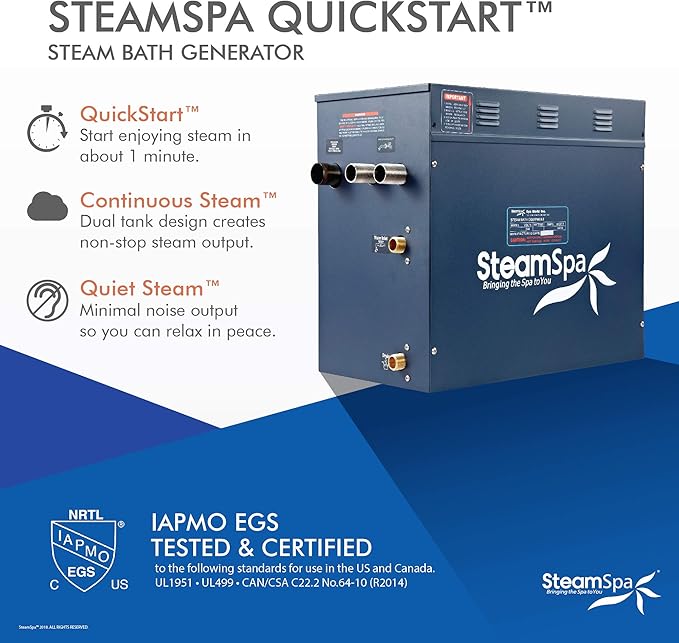 SteamSpa Executive 12 KW QuickStart ACU-Steam Bath Generator Package with Built-in Auto Drain and Install Kit in Matte Black | Steam Generator Kit with Dual Control Panel Steamhead 240V | EXT1200MB-A