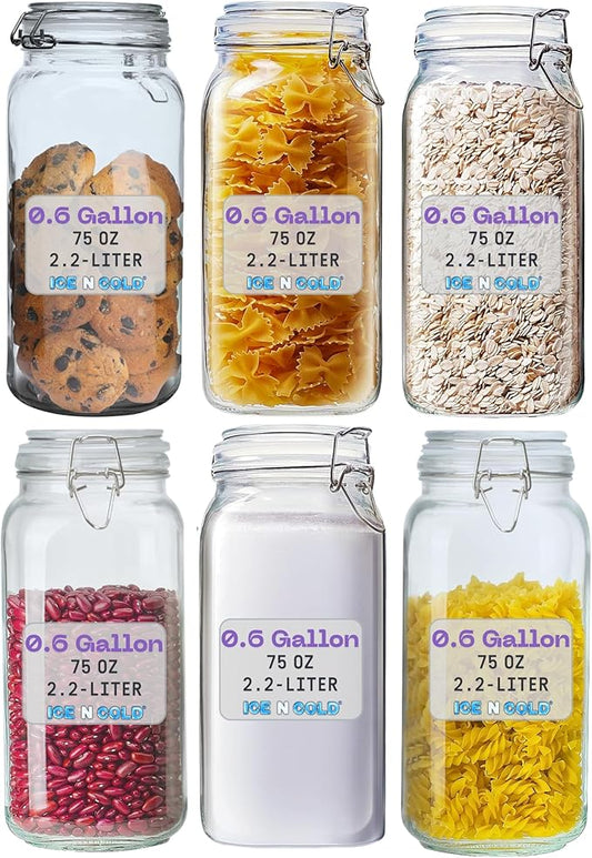 Airtight Glass Storage Jars with Clamp Lid – Food Storage Containers with Rubber Gasket Seal – Pantry & Kitchen Canisters for Dry Goods, Coffee, Sugar, Pasta – 0.4L to 2.2L Sizes (6, 75oz | 2.2L)