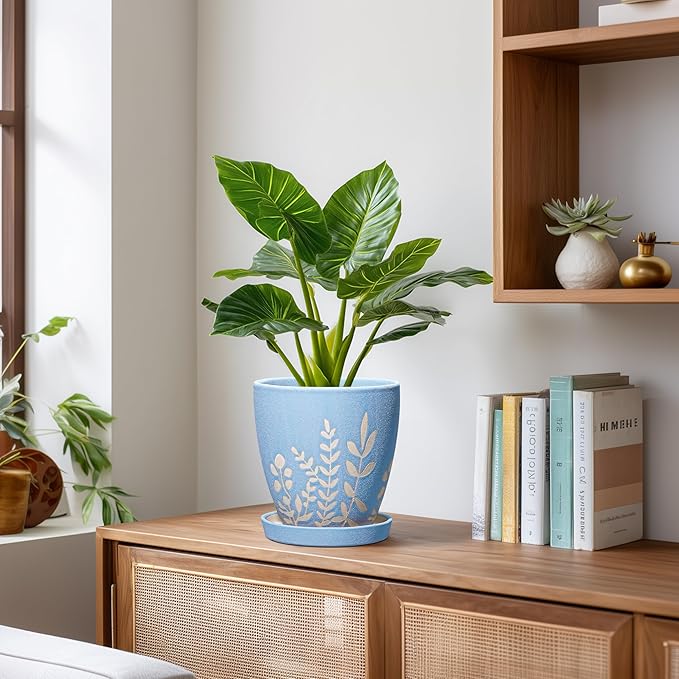 6 Inch Ceramic Plant Pot with Saucer - Small Flower Pot with Drainage for Succulents & Herbs, Boho Desk Home Office Room Decor, Plant Lovers Gifts, Blue