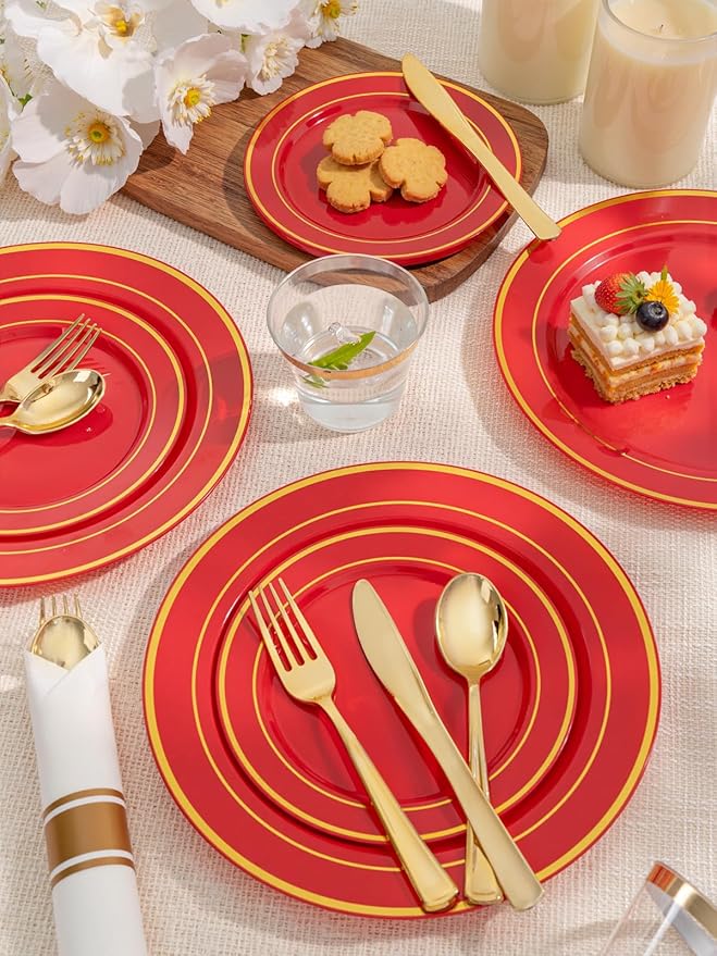175 Pieces Red Plastic Plates with Gold Rim Include Dinner Plate 10”, Dessert Plate 7”, gold Cups 9 OZ, Pre Rolled Napkins 25 of each type for Christmas Party