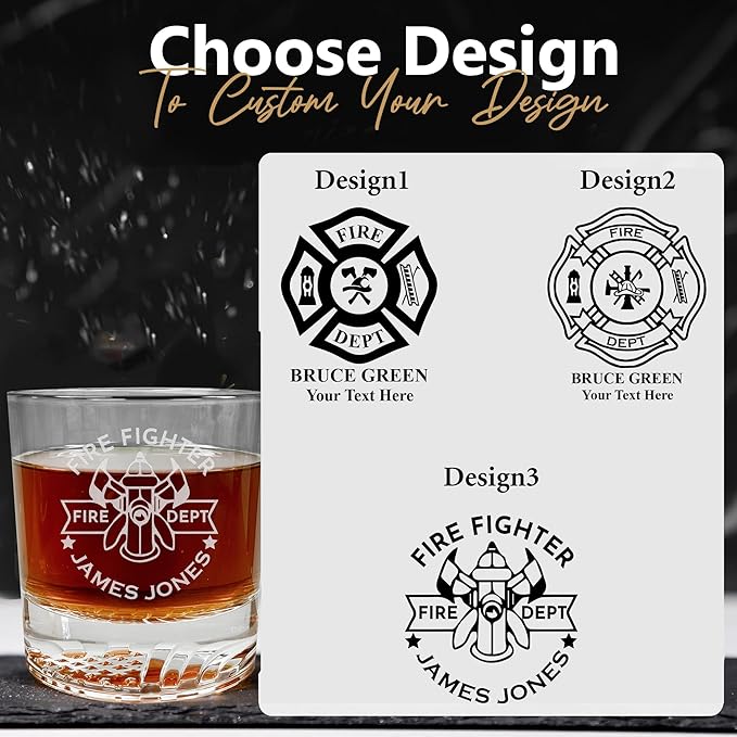 Personalized Firefighter Whiskey Glass, Fathers day gift for dad, Custom Name & Text, Etched Fire Dept Whiskey Glass, 12oz Engraved American Flag Glassware, Fireman Gift, Firefighter Gifts for Men