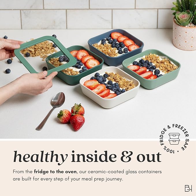 Ceramic Coated Glass Food Storage Container | No PTFE, PFOA, PFAS, and BPA | Reusable Non Toxic Meal Prep Container with Glass Lid | Easy To Store | 3 Cup Rectangle [Onyx]