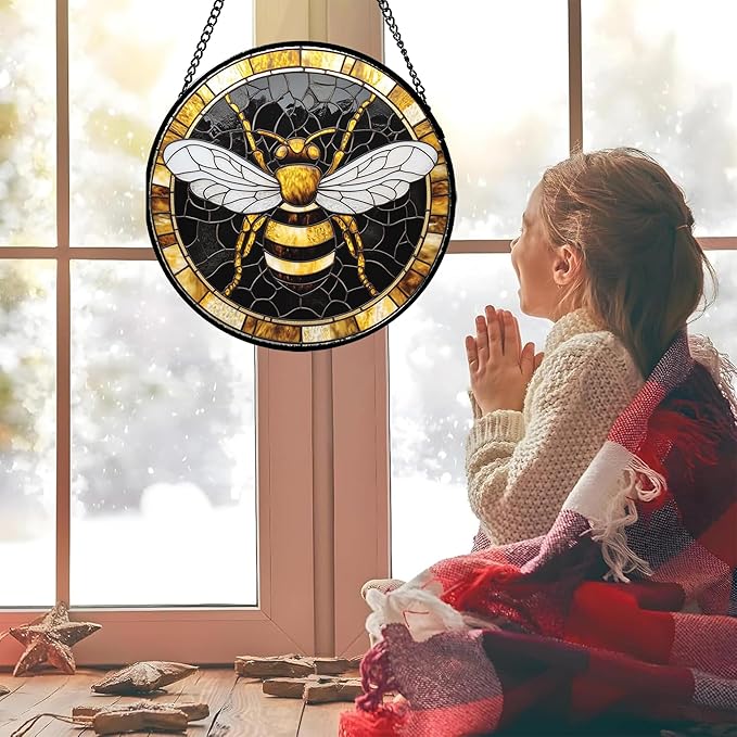 Stained Glass Window Hanging - Black Gold Bee White Wings Sun Catcher for Door Home Decor Insect Suncatcher Christmas Mother's Day Birthday Gifts for Women Men Lovers Mom Nana 9.8 in