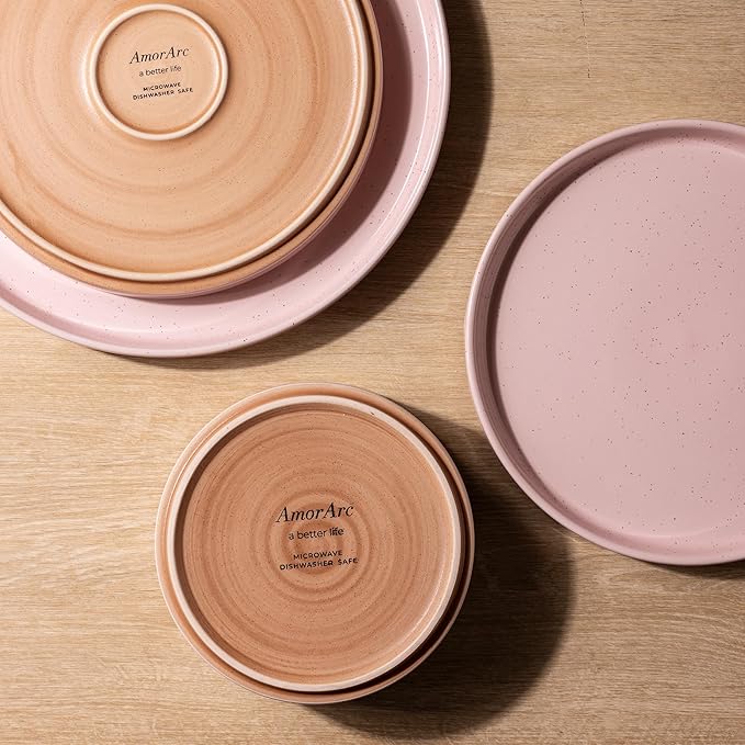 AmorArc Ceramic Dinnerware Set for 8 | Speckled Stoneware Plates and Bowls with Rustic Terracotta Underside| Scratch Resistant,Dishwasher & Microwave Safe Dishes Sets- 24pcs Pink