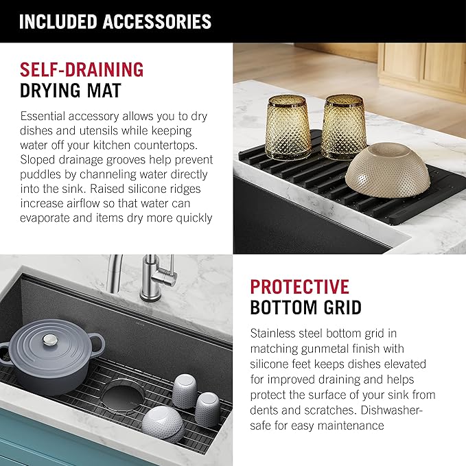 DELTA FAUCET Delta Rivet 32 Inch Black Stainless Steel Undermount 16 Gauge Workstation Kitchen Sink Single Bowl in PVD Gunmetal Finish with WorkFlow Ledge and Accessories, 95B9031-32S-GS