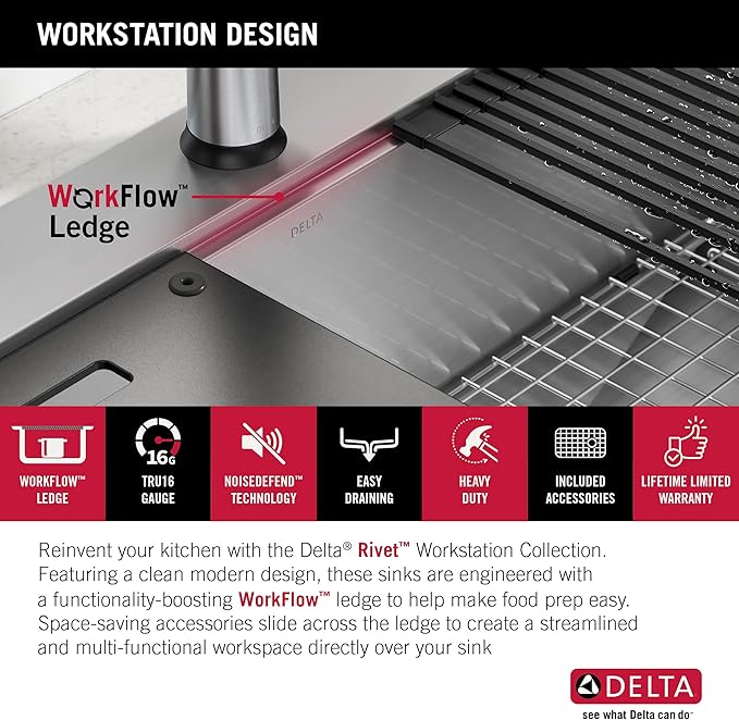 DELTA FAUCET Rivet 25-Inch Workstation Kitchen Sink Drop-In Top Mount 16 Gauge Stainless Steel Single Bowl with WorkFlow Ledge and Chef’s Kit of 5 Accessories, 95A931-25S-SS