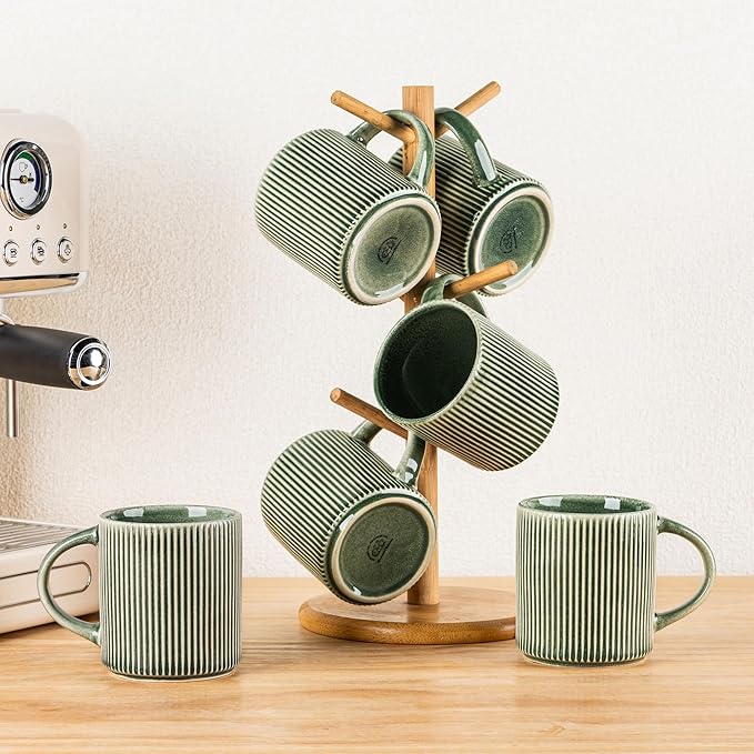 GBHOME 12oz Stoneware Coffee Mugs, Ceramic Coffee Cups with Handle for Man,Woman,Dad,Mom, Modern Coffee Mugs Set of 6 for Latte/Cappuccino/Cocoa/Tea/Cocoa/Milk. Dishwasher&Microwave Safe, Dark Green