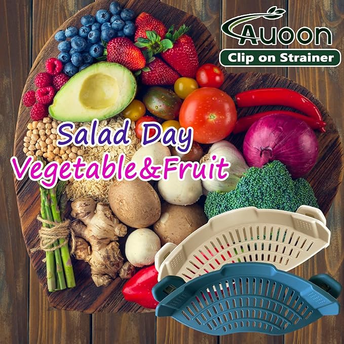 AUOON Clip On Strainer Silicone for All Pots and Pans, Pasta Strainer Clip on Food Strainer for Meat Vegetables Fruit Silicone Kitchen Colander (Fog Blue)