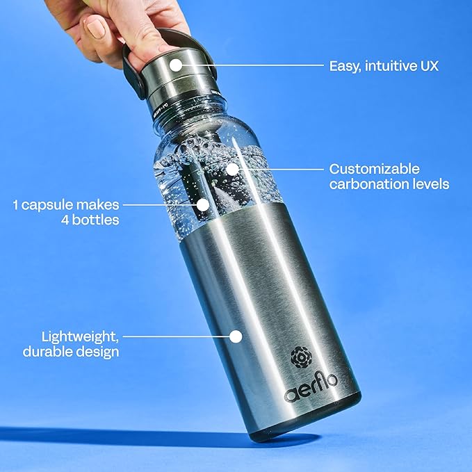 Portable Soda Maker - Sparkling Water Maker with 17 oz Bottle | On-Bottle Carbonator | Stainless Steel & Tritan | Refillable CO2 Capsules